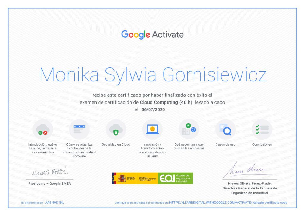 Cloud Computing Certificado Monika Gornisiewicz