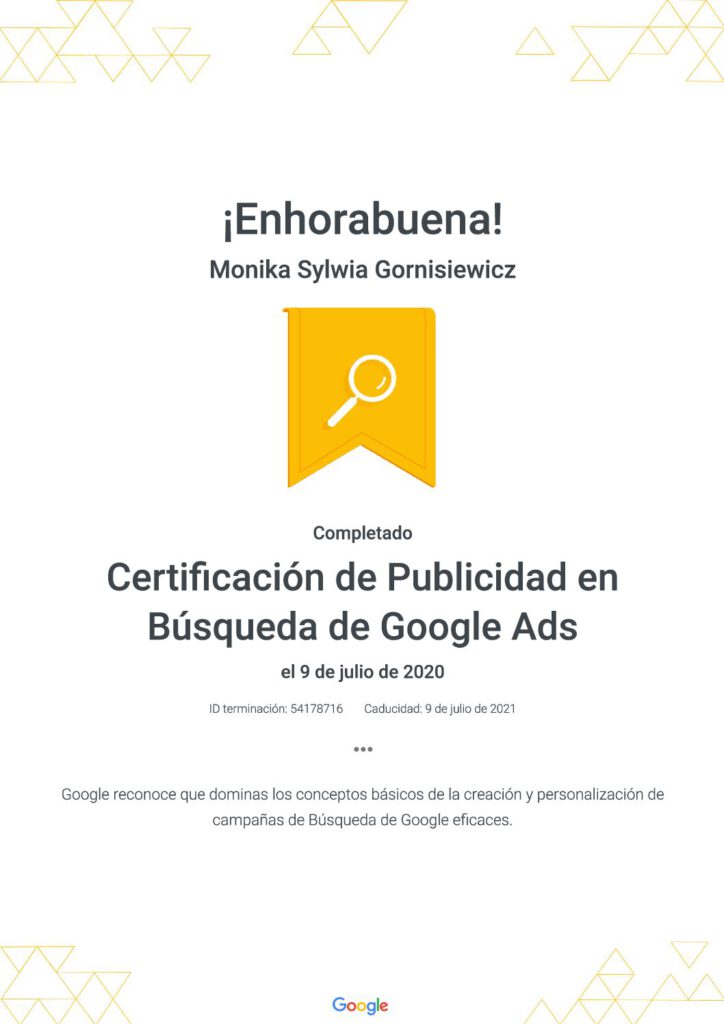 Google Adwords Certificado Monika Gornisiewicz