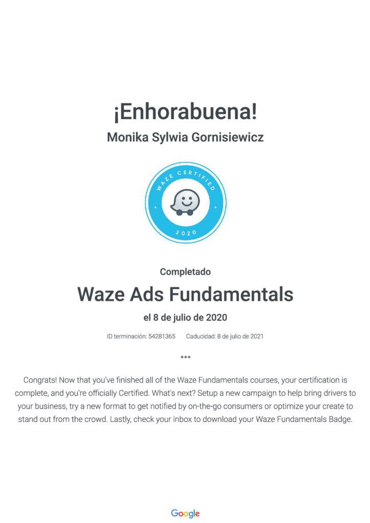 Google Waze Adwords Certificado Monika Gornisiewicz