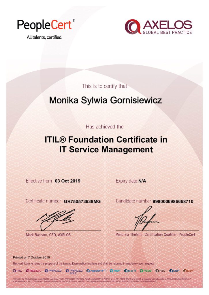 ITIL® Certificado Monika Gornisiewicz