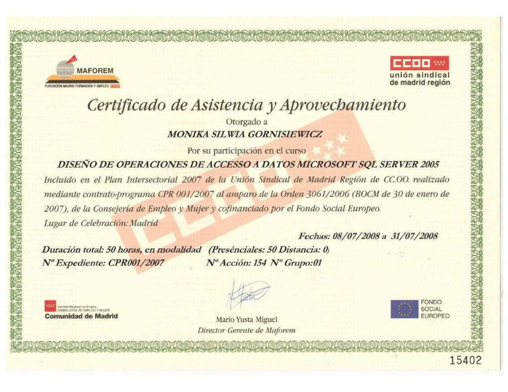 Microsoft SQL Server 2005 Certificado Monika Gornisiewicz