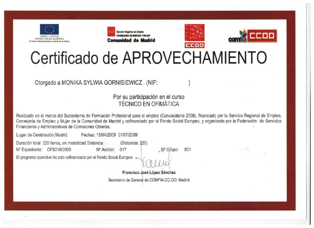 Técnico en Ofimática Certificado Monika Gornisiewicz