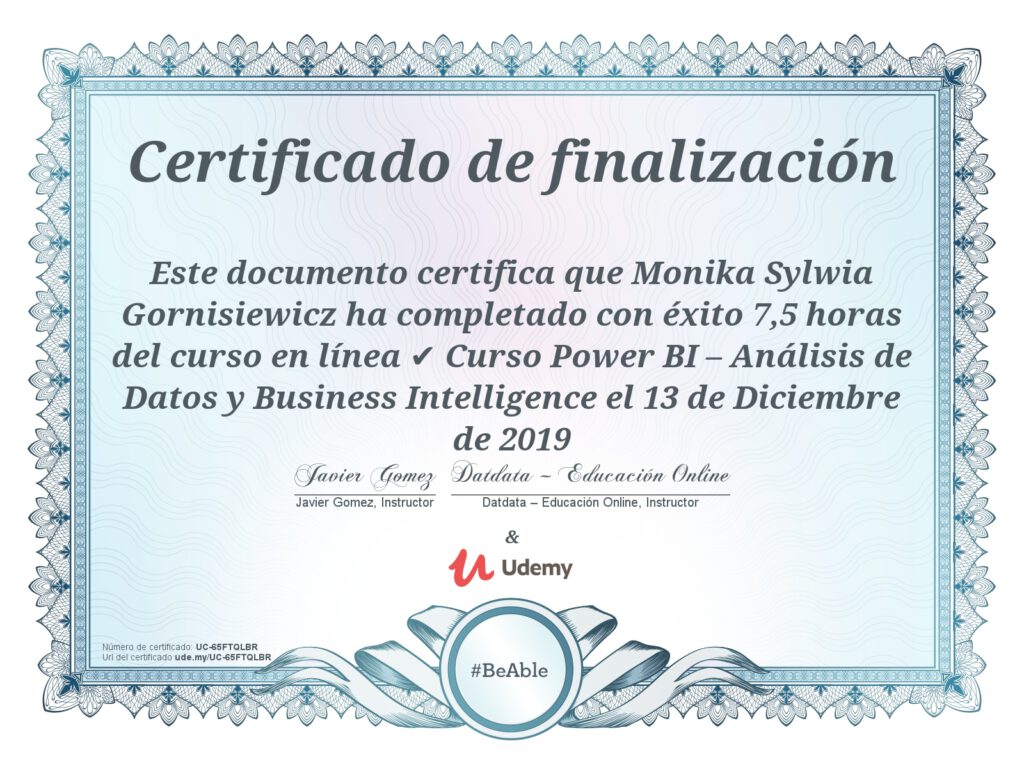 Power BI – Análisis de datos y Business Intelligence Certificado Monika Gornisiewicz