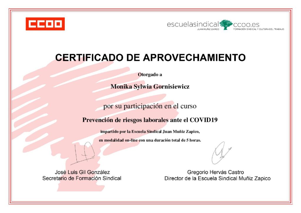 Prevención de riesgos laborales ante el COVID19 Certificado Monika Gornisiewicz