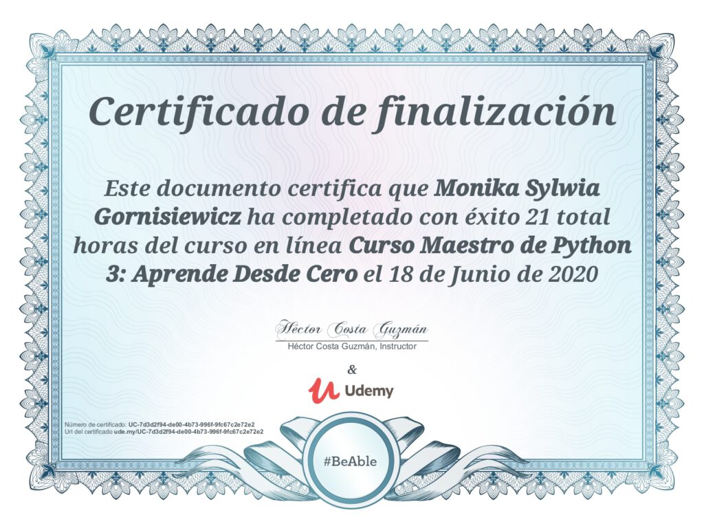 Python 3 Certificado Monika Gornisiewicz